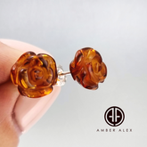 Cognac Amber Carved Rose Stud Earrings Sterling Silver